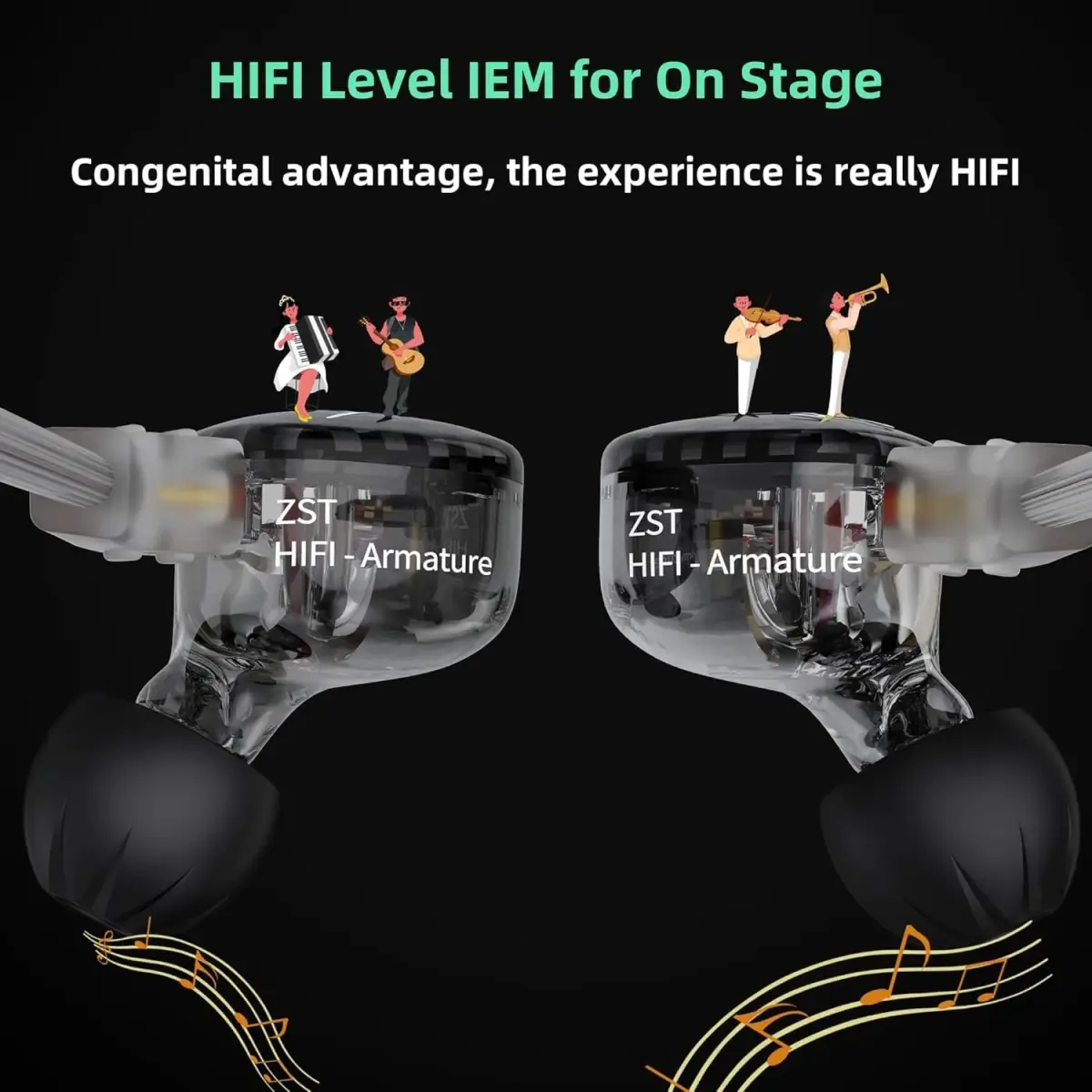 YINYOO KZ-ZST Hybrid In-Ear Earphones with Microphone, 1BA+1DD Drivers, 1.2m Detachable Cable | HiFi Sound & Noise Isolation - view 3