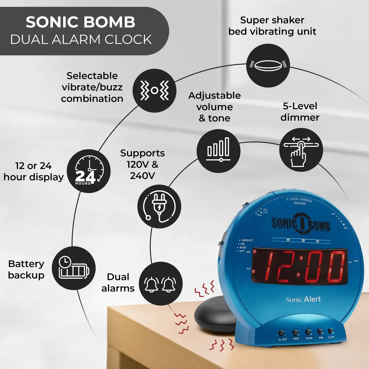 Sonic Alert Sonic Bomb Dual Alarm Clock with Bed Shaker, Turquoise, Large | Heavy Sleepers Wake with a Shake - view 4