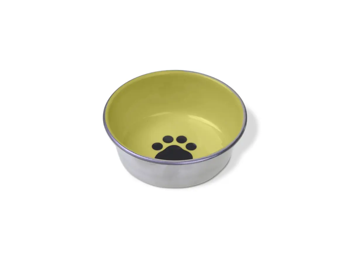 Van Ness Pets Small Stainless Steel Bowl for Cats & Small Dogs 8 OZ | Pawprint Decor, Tan - main product image