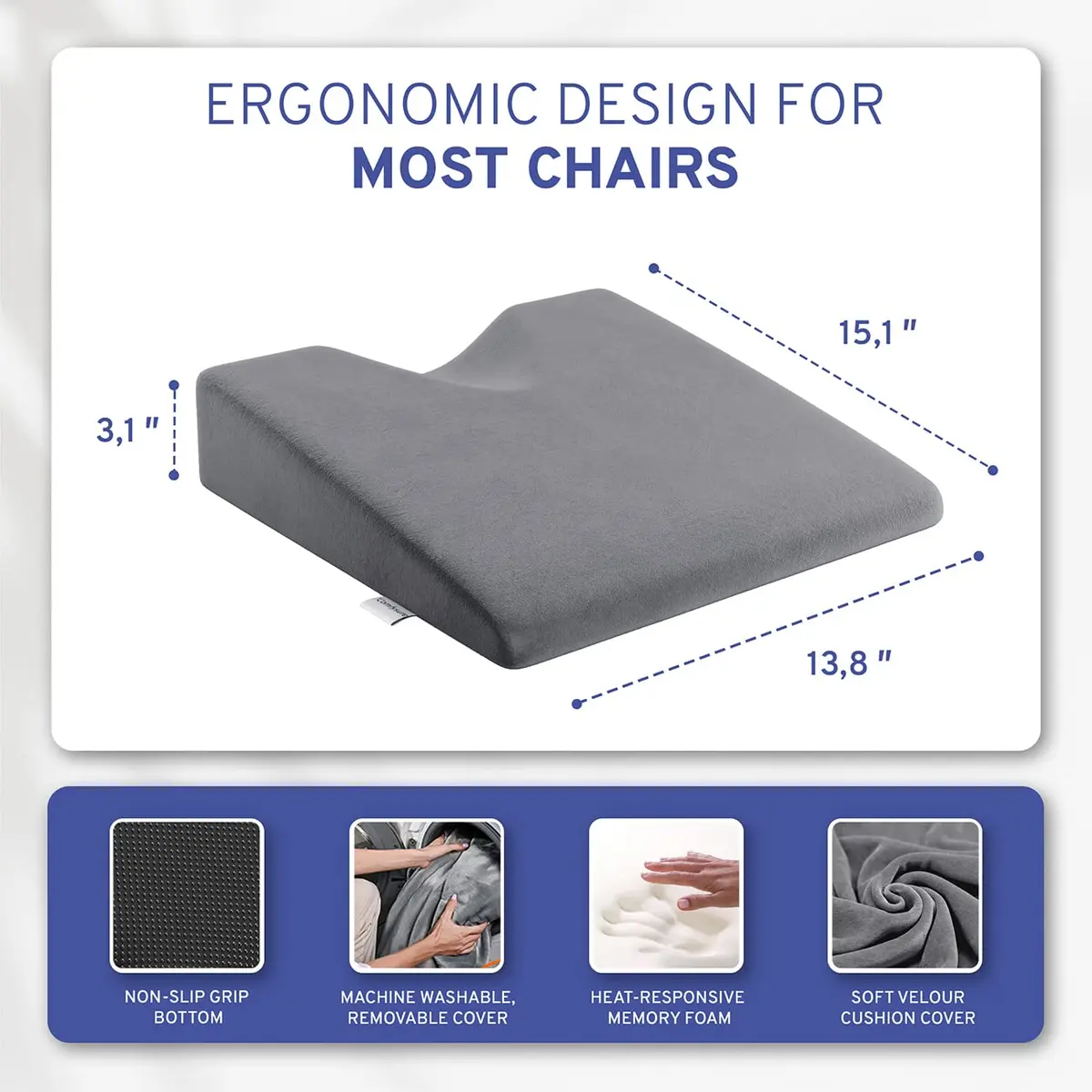 ComfySure Wedge Seat Cushion with Memory Foam | Orthopedic Tailbone Pain Relief for Car & Office Chairs (Grey) - view 8
