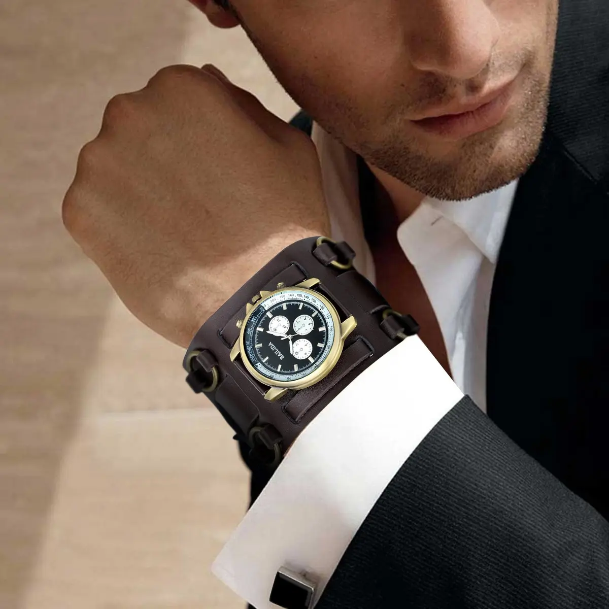 Avaner Mens Retro Steampunk Rock Leather Bracelet Watch 4.6cm Dial | Japanese Quartz Movement - view 7