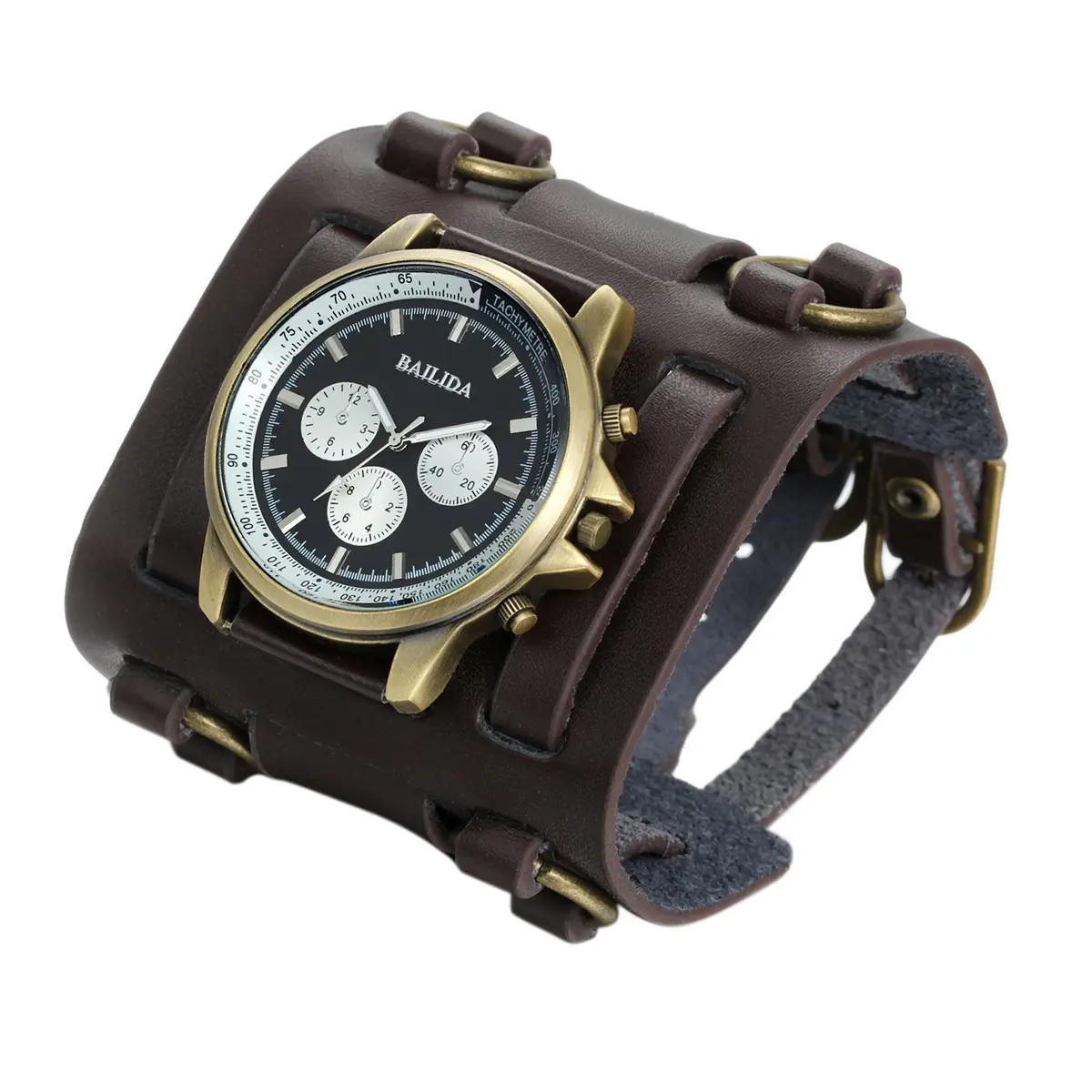 Avaner Mens Retro Steampunk Rock Leather Bracelet Watch 4.6cm Dial | Japanese Quartz Movement - view 2