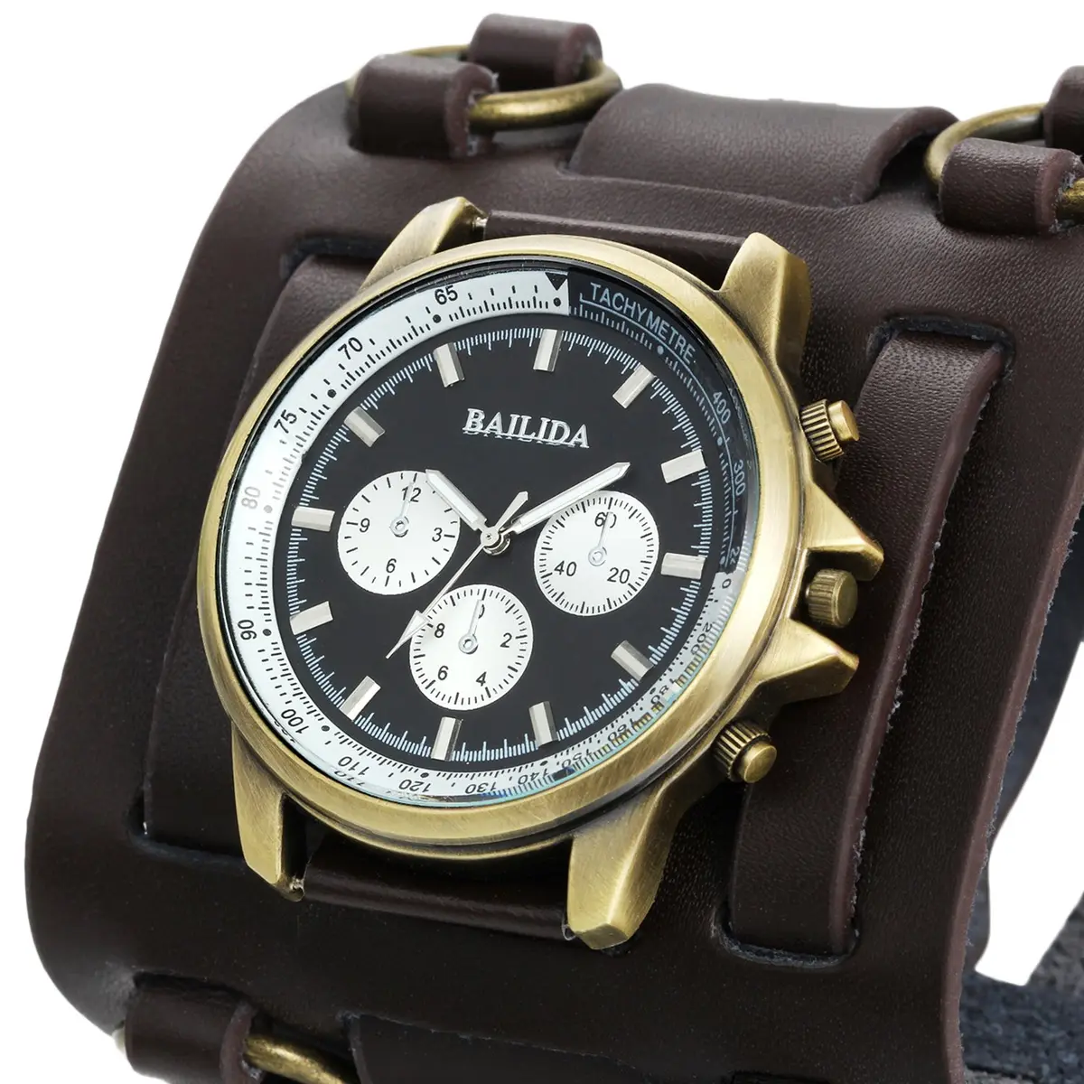 Avaner Mens Retro Steampunk Rock Leather Bracelet Watch 4.6cm Dial | Japanese Quartz Movement - view 3
