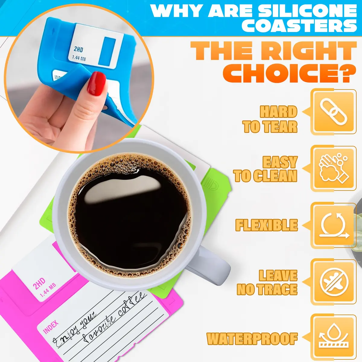 DIMROM 6 Pcs Retro Floppy Coaster for Desk | 3.54"x3.54" Silicone, 80's Nostalgia - view 3