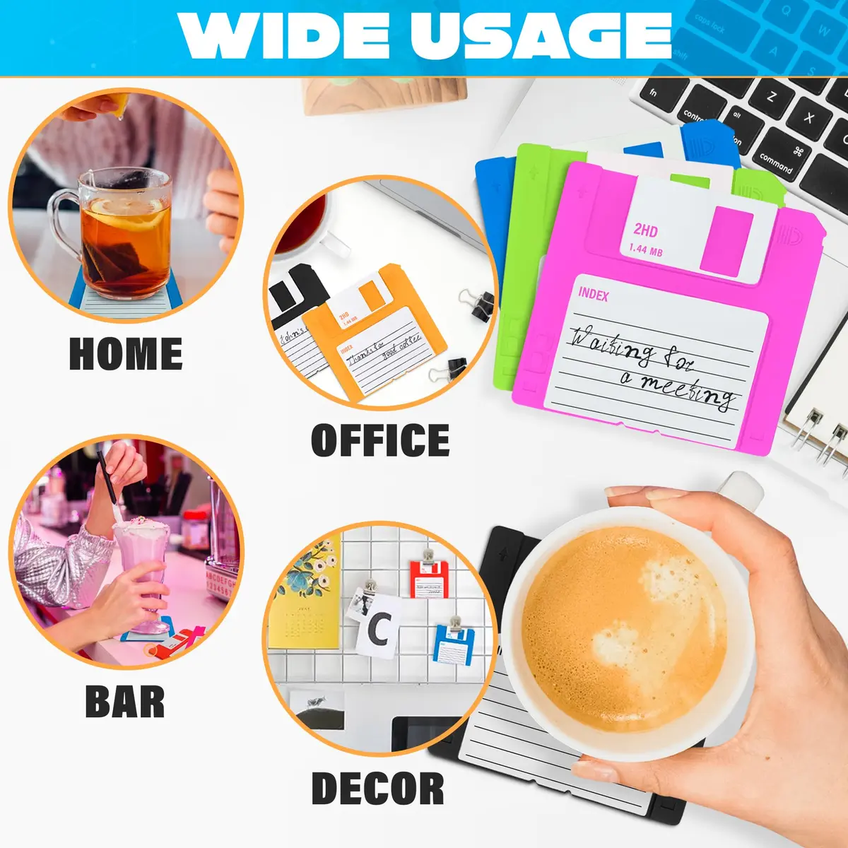 DIMROM 6 Pcs Retro Floppy Coaster for Desk | 3.54"x3.54" Silicone, 80's Nostalgia - view 4
