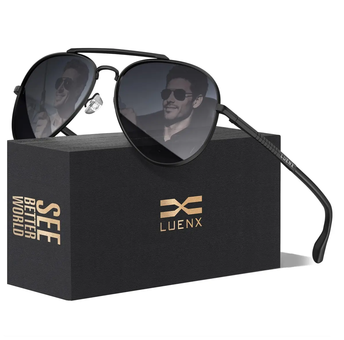 Luenx Aviator Polarized Sunglasses Men Women Classic UV400 Driving | 60mm Black Lens, Lightweight Metal Frame - main product image