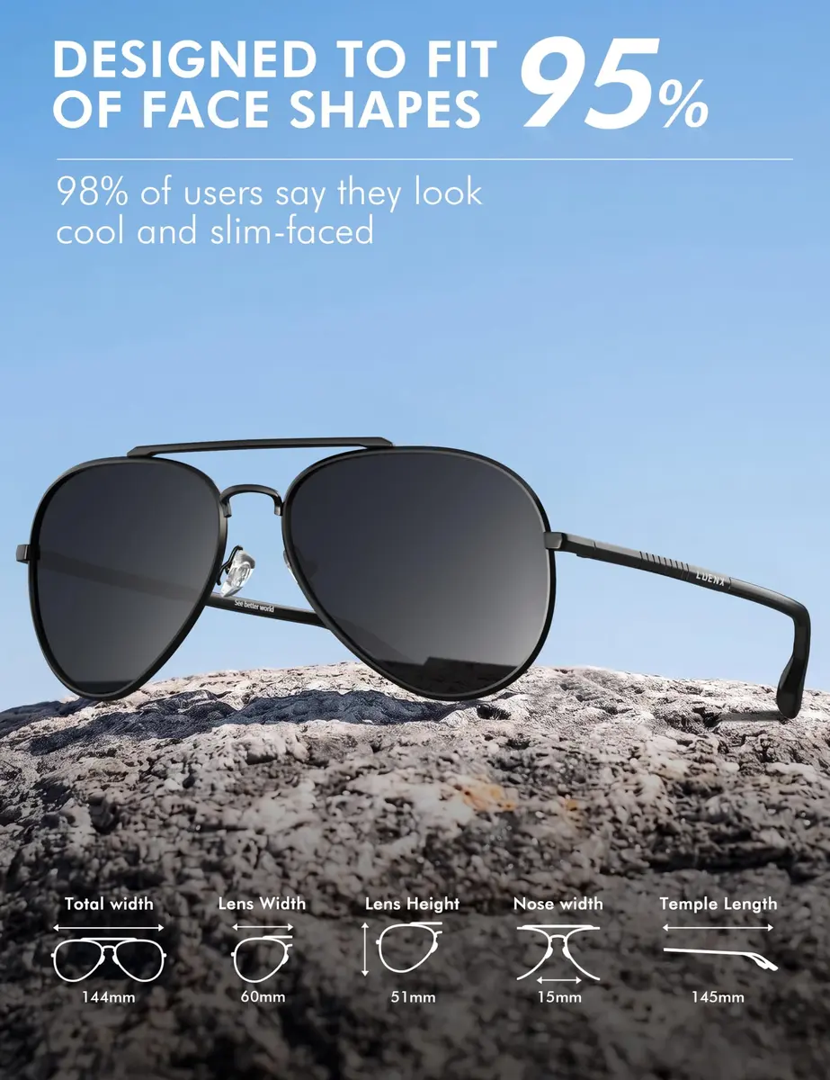 Luenx Aviator Polarized Sunglasses Men Women Classic UV400 Driving | 60mm Black Lens, Lightweight Metal Frame - view 5