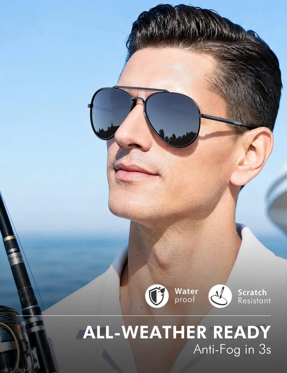 Luenx Aviator Polarized Sunglasses Men Women Classic UV400 Driving | 60mm Black Lens, Lightweight Metal Frame - view 6
