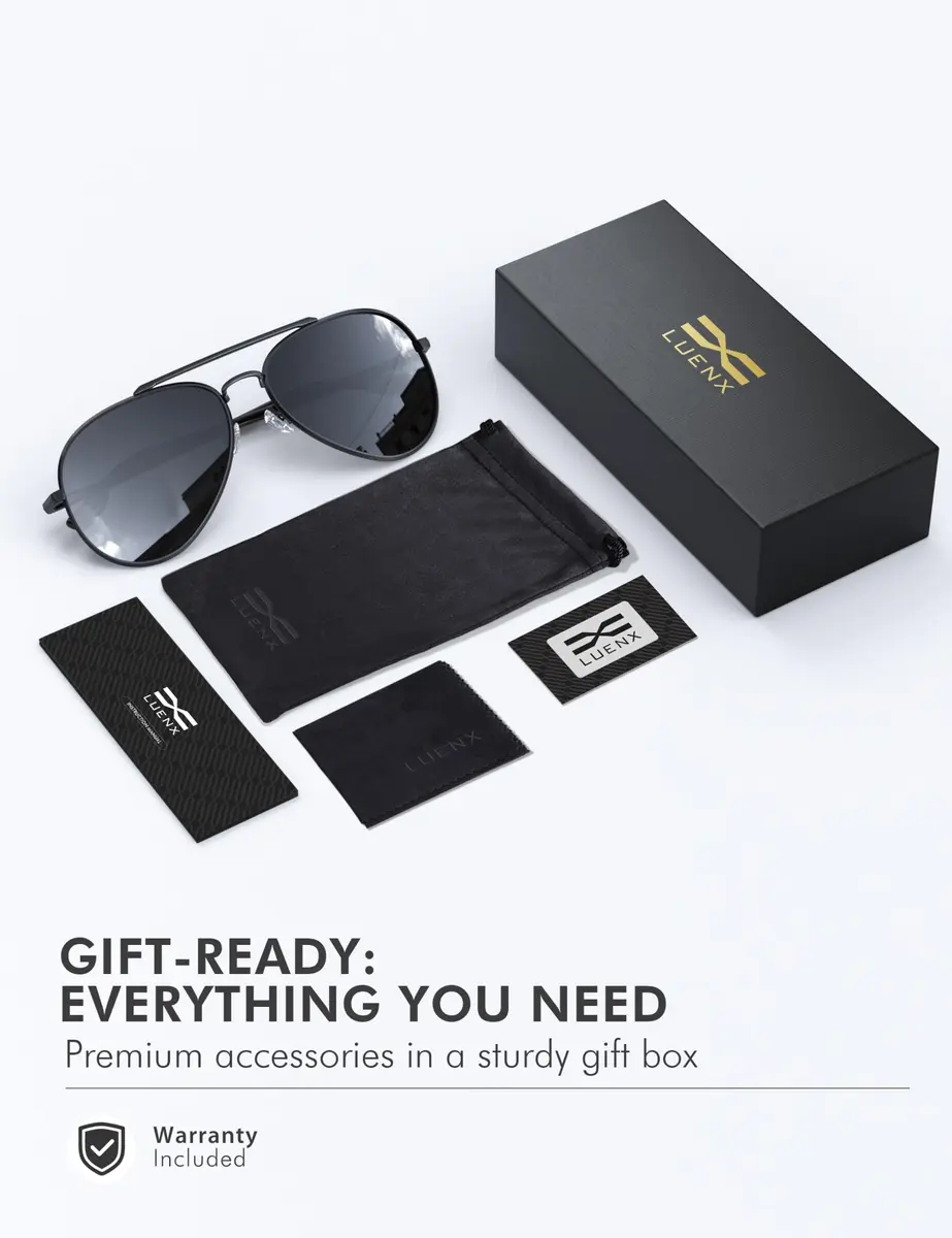 Luenx Aviator Polarized Sunglasses Men Women Classic UV400 Driving | 60mm Black Lens, Lightweight Metal Frame - view 7