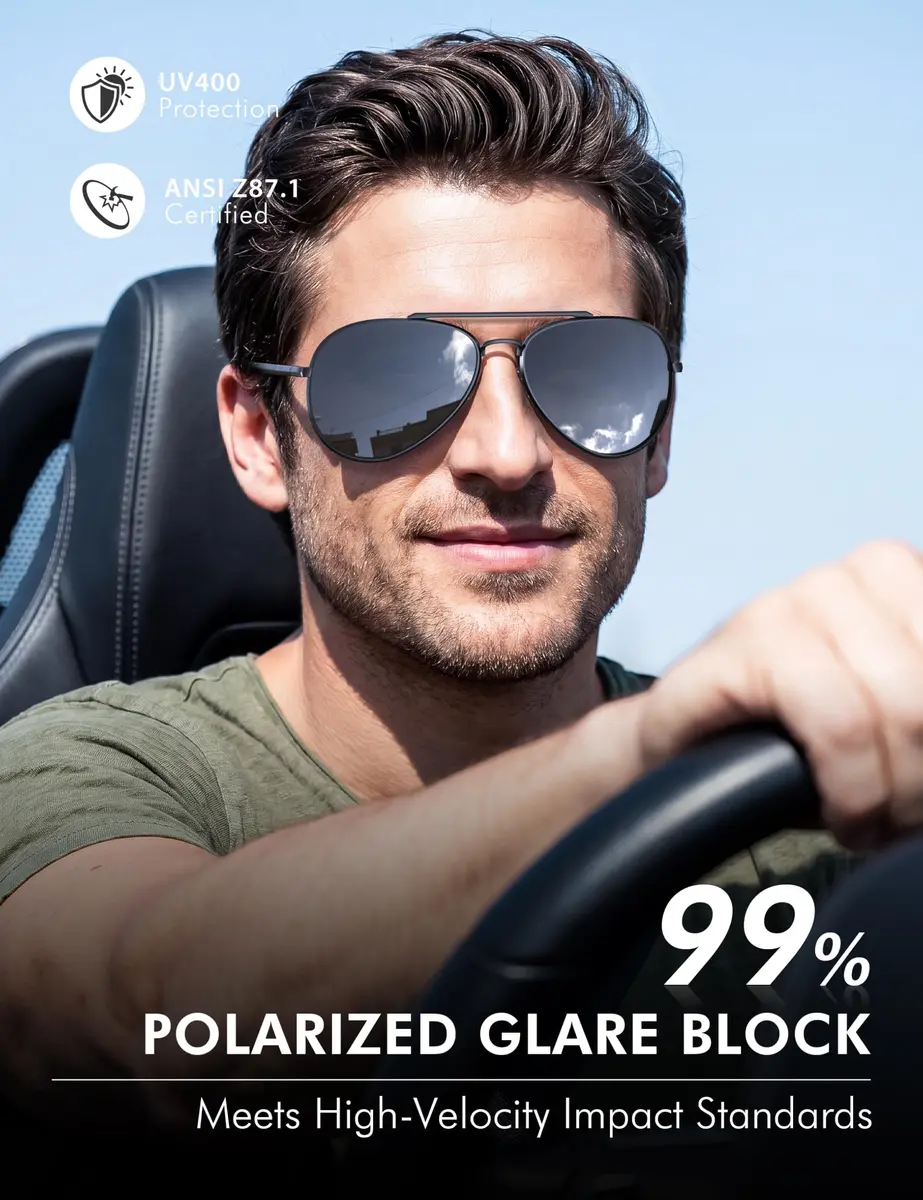 Luenx Aviator Polarized Sunglasses Men Women Classic UV400 Driving | 60mm Black Lens, Lightweight Metal Frame - view 2