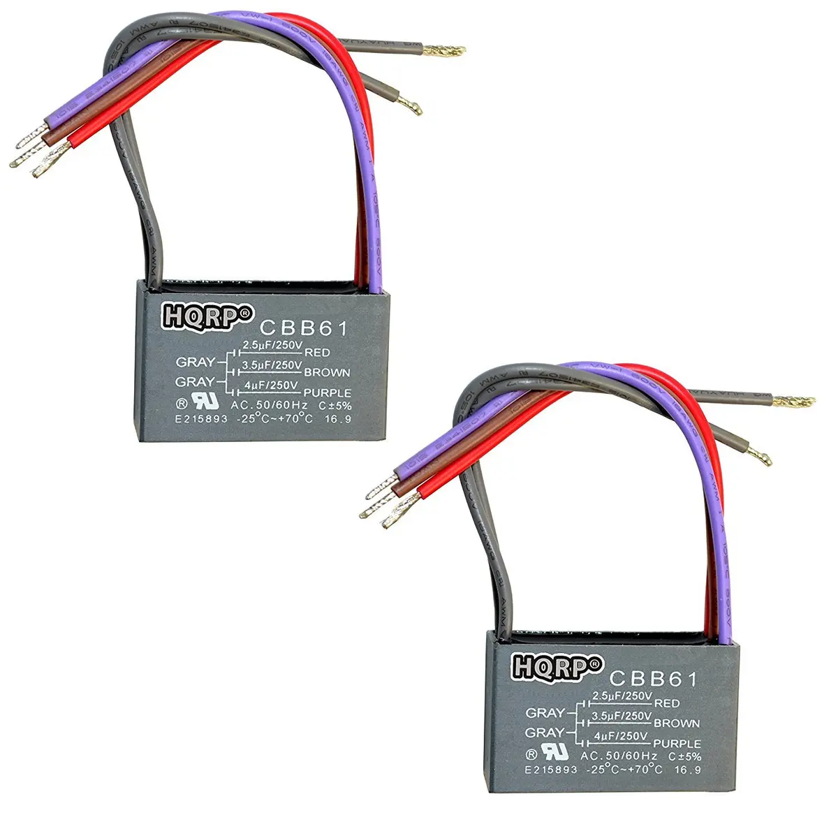 HQRP Ceiling Fan Capacitor 2-Pack | UL Listed, 2.5uf+3.5uf+4uf, 250VAC, 5-Wire, Gray - main product image