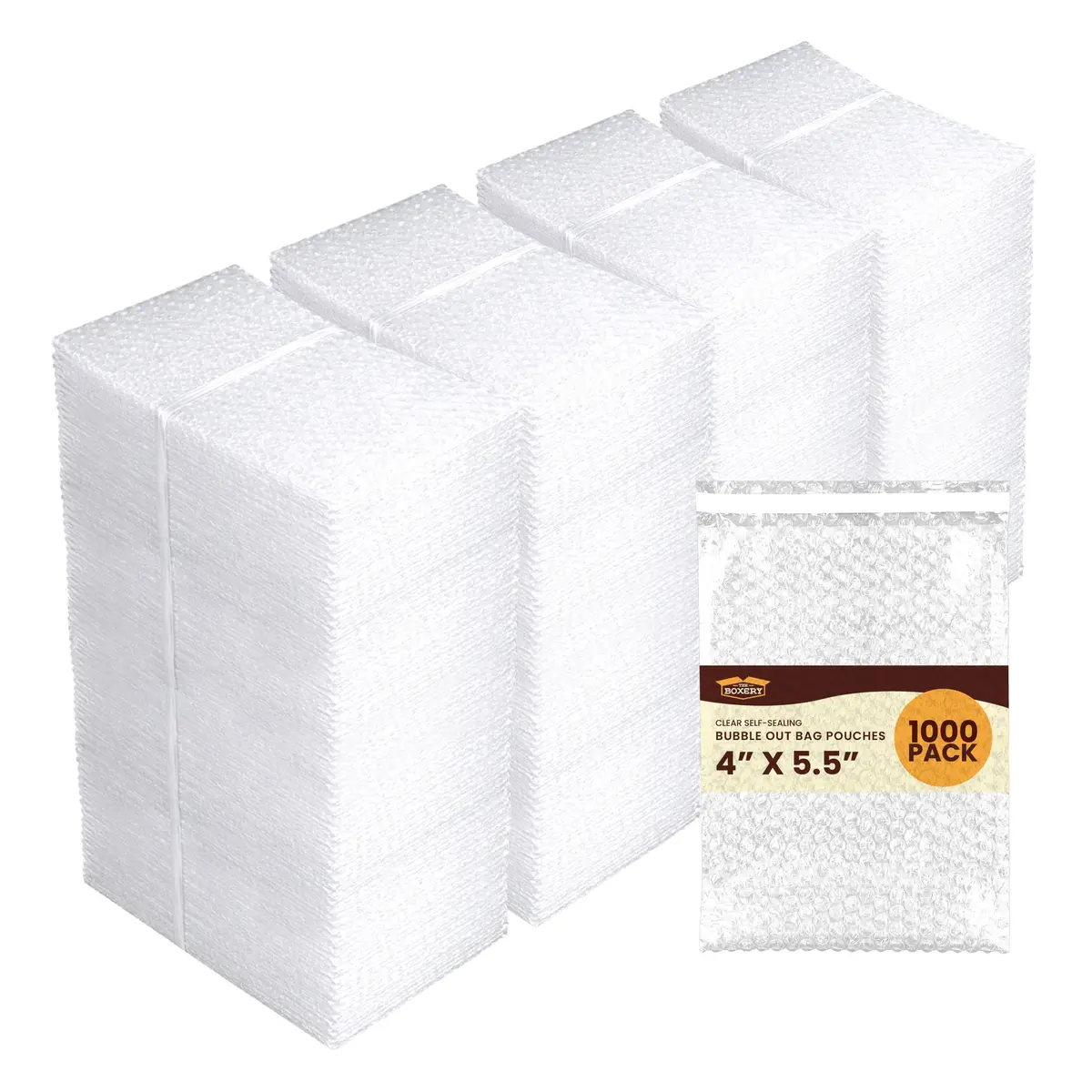 The Boxery 4x5.5" Clear Self-Sealing Bubble Out Bag Pouches, 1000 Pack | Transparent Bubble Cushion for Fragile Items - main product image