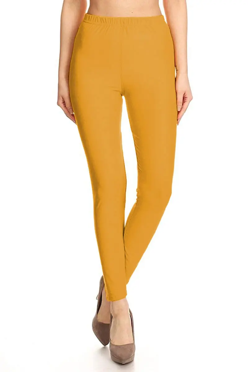 Leggings Depot Womens 1" Waistband High Waisted Solid Leggings Pants (Full Length, Mustard, One Size) - view 2