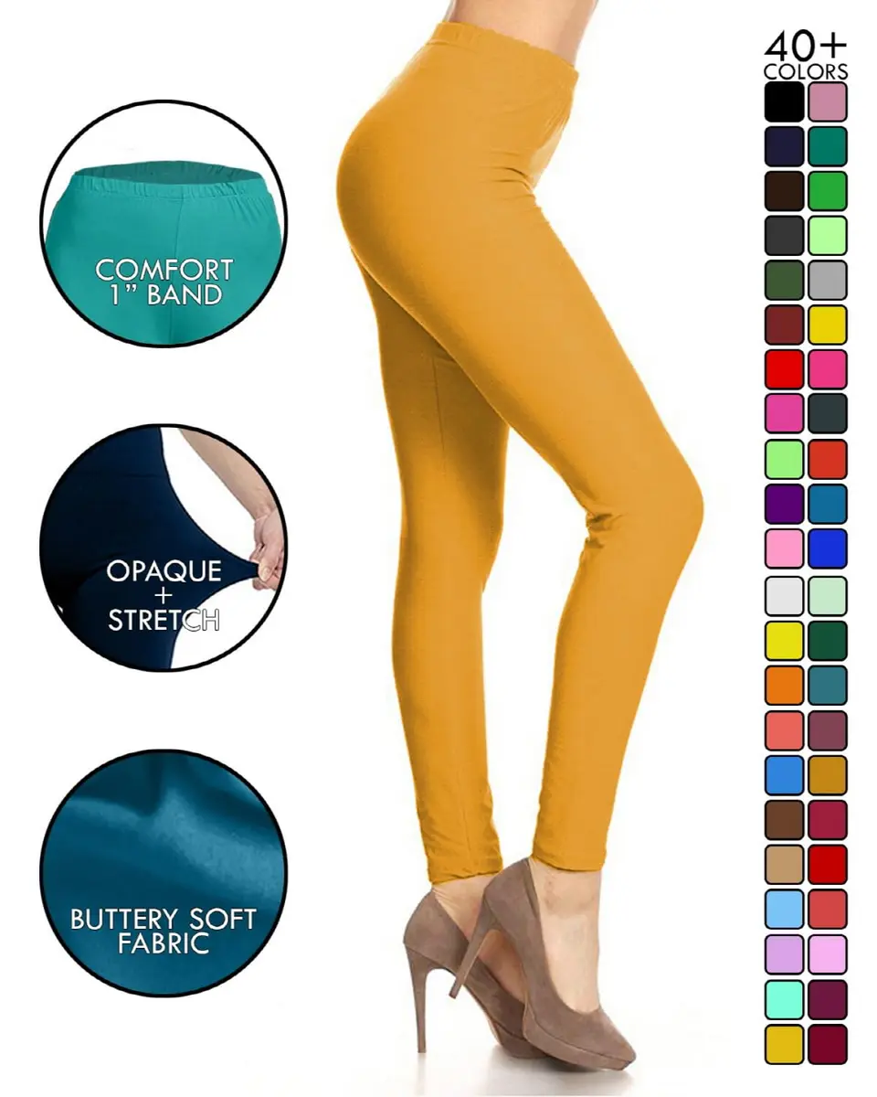 Leggings Depot Womens 1" Waistband High Waisted Solid Leggings Pants (Full Length, Mustard, One Size) - view 3