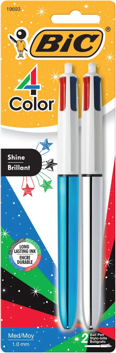 BIC 4 Color Shine Retractable Ballpoint Pen 1.0 mm | 2-Count, Multicolor Ink, Durable & Portable - main product image
