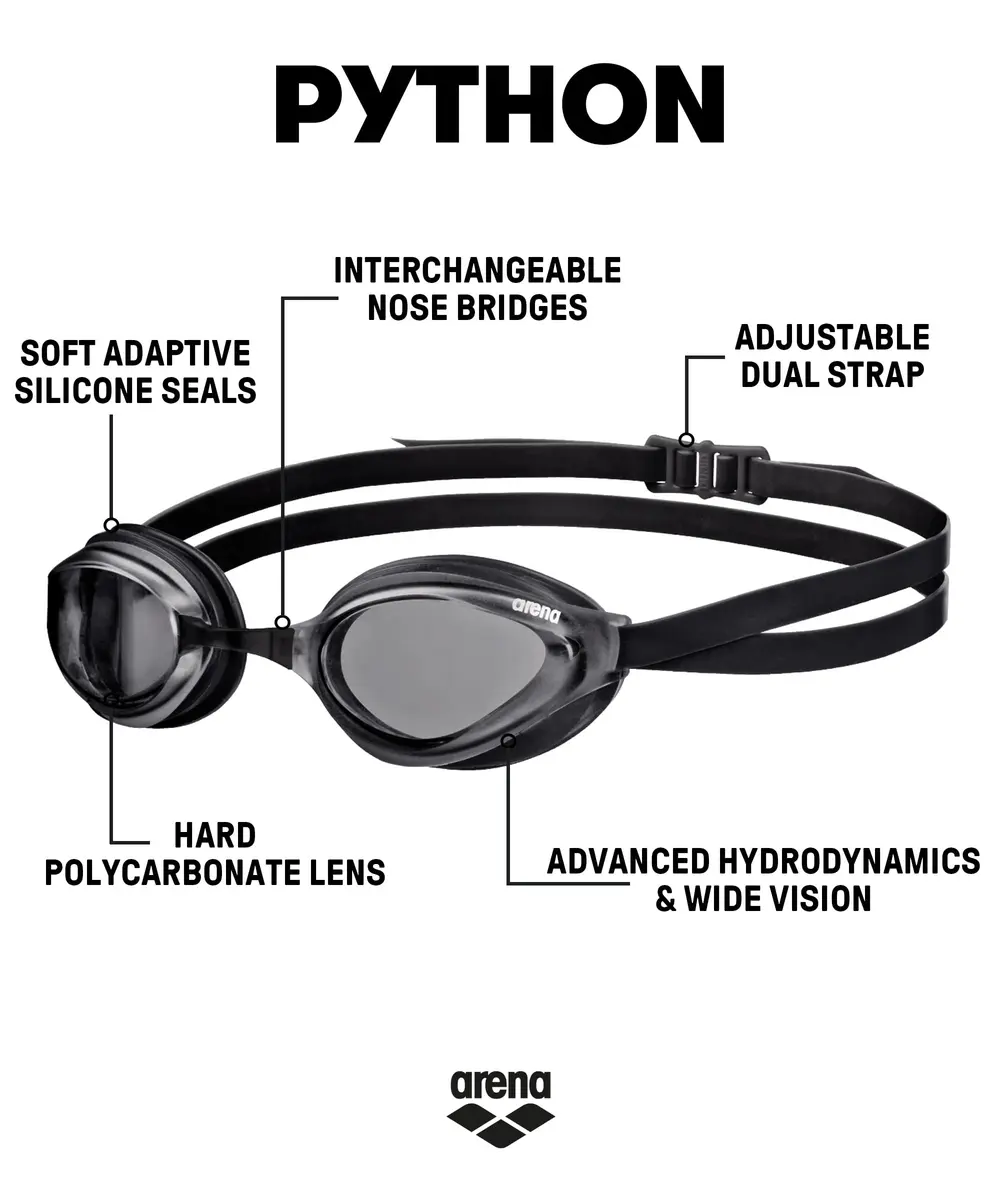 ARENA Unisex Python Racing Swim Goggles for Men and Women Anti-Fog Non-Mirror Lens Max Comfort Dual Strap, Smoke/Black | Performance Hydrodynamics - view 2