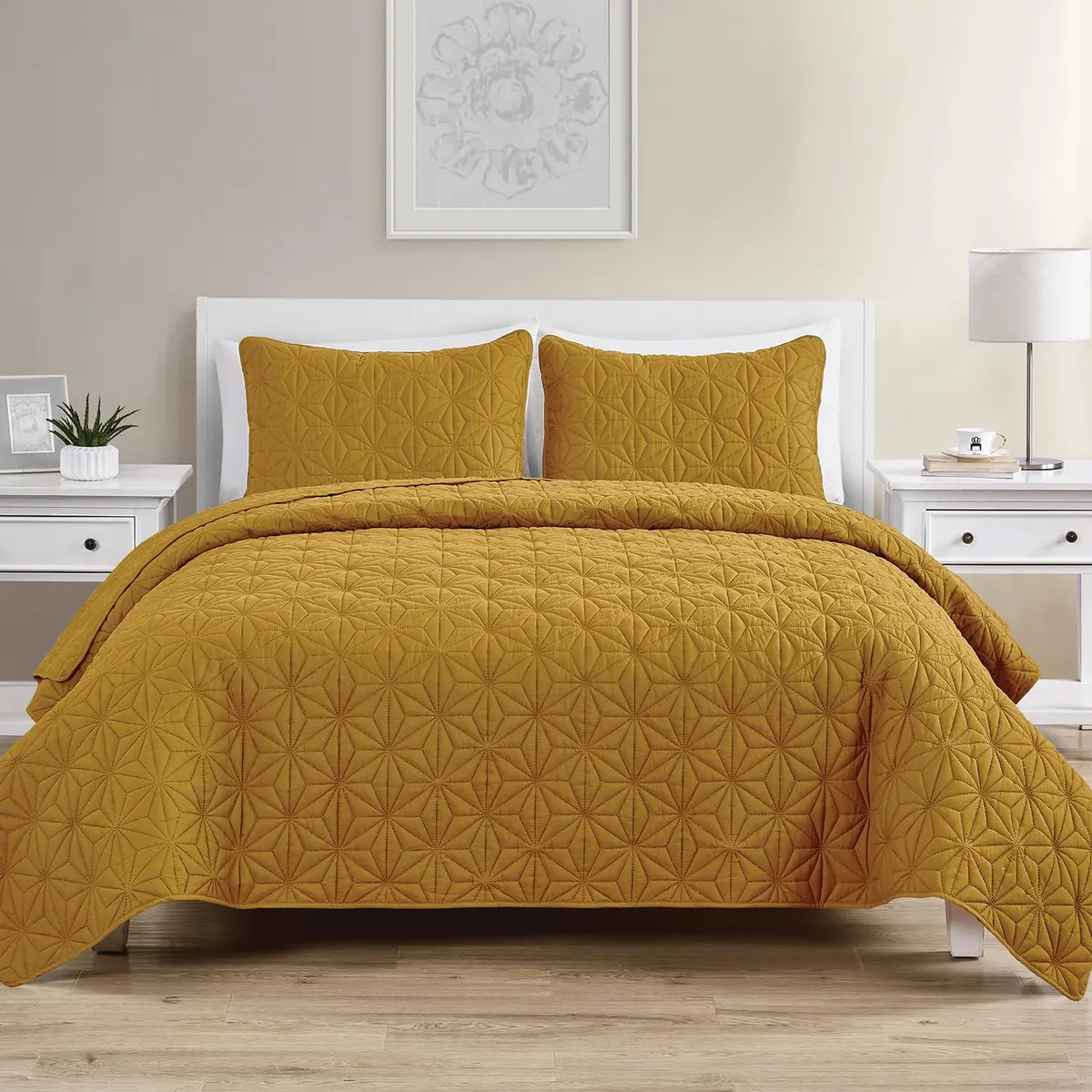 VCNY Home Kaleidoscope Quilt Set, Full/Queen 3-Piece, Gold | Geometric Pattern, Breathable Microfiber - main product image