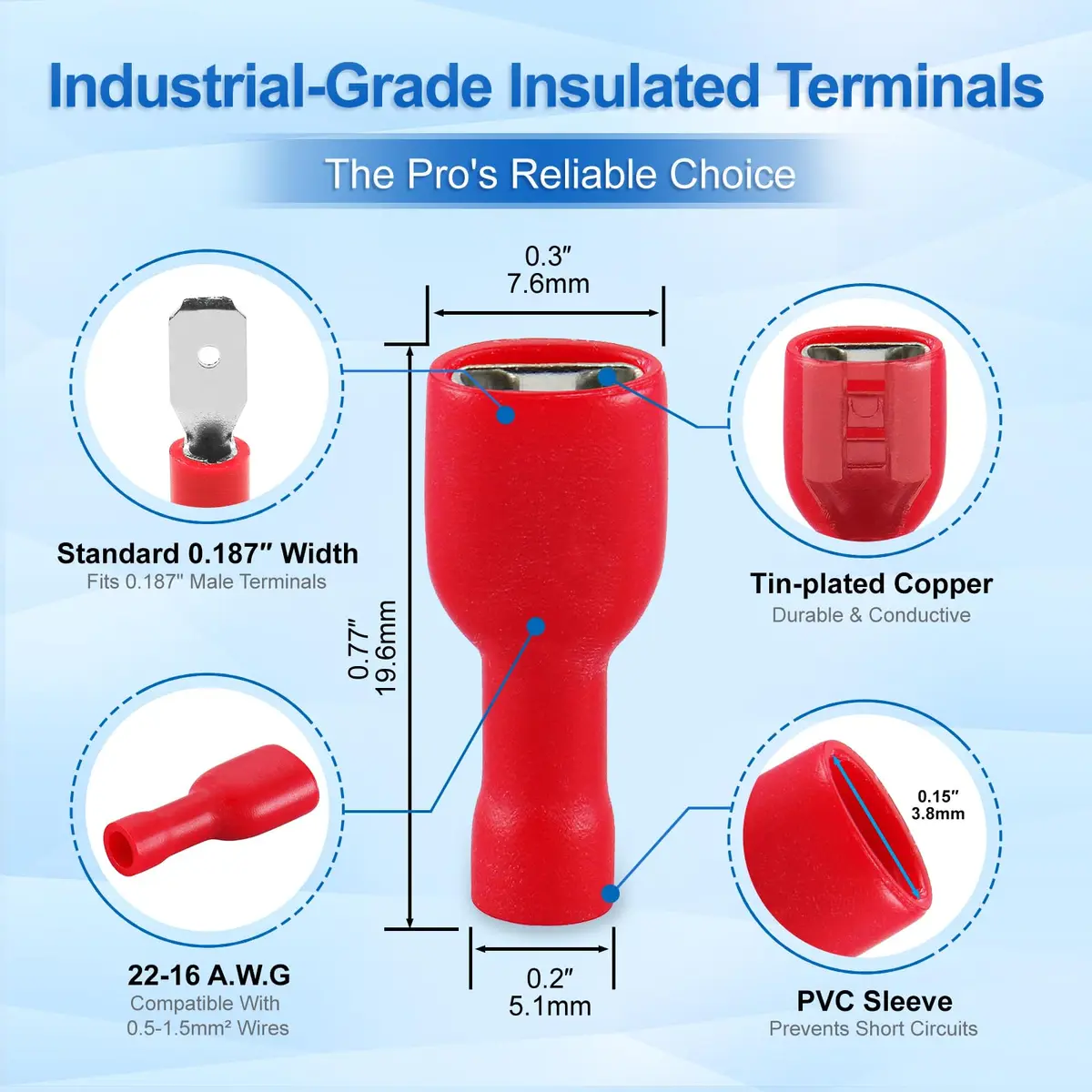 Baomain Fully Insulated Female Spade Terminals 22-16 AWG | Secure, Tin-Plated Copper Connectors - view 2