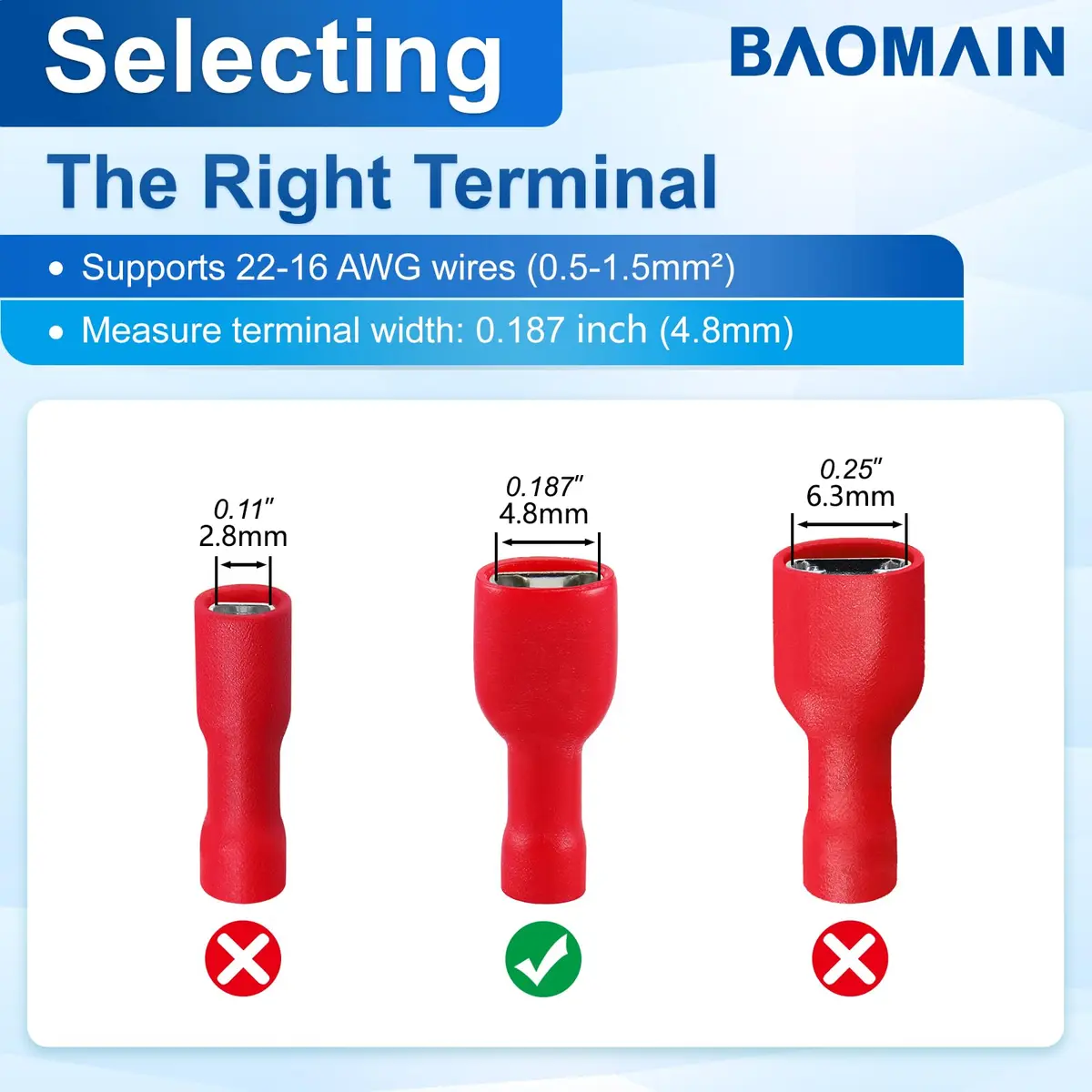 Baomain Fully Insulated Female Spade Terminals 22-16 AWG | Secure, Tin-Plated Copper Connectors - view 4