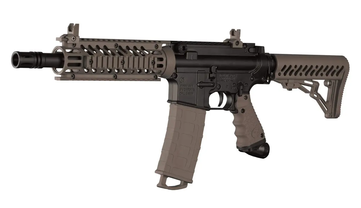 Tippmann TMC Marker Dark Earth (Black/Tan) | Authentic Magfed AR Style Paintball Gun with Dual Feed - main product image