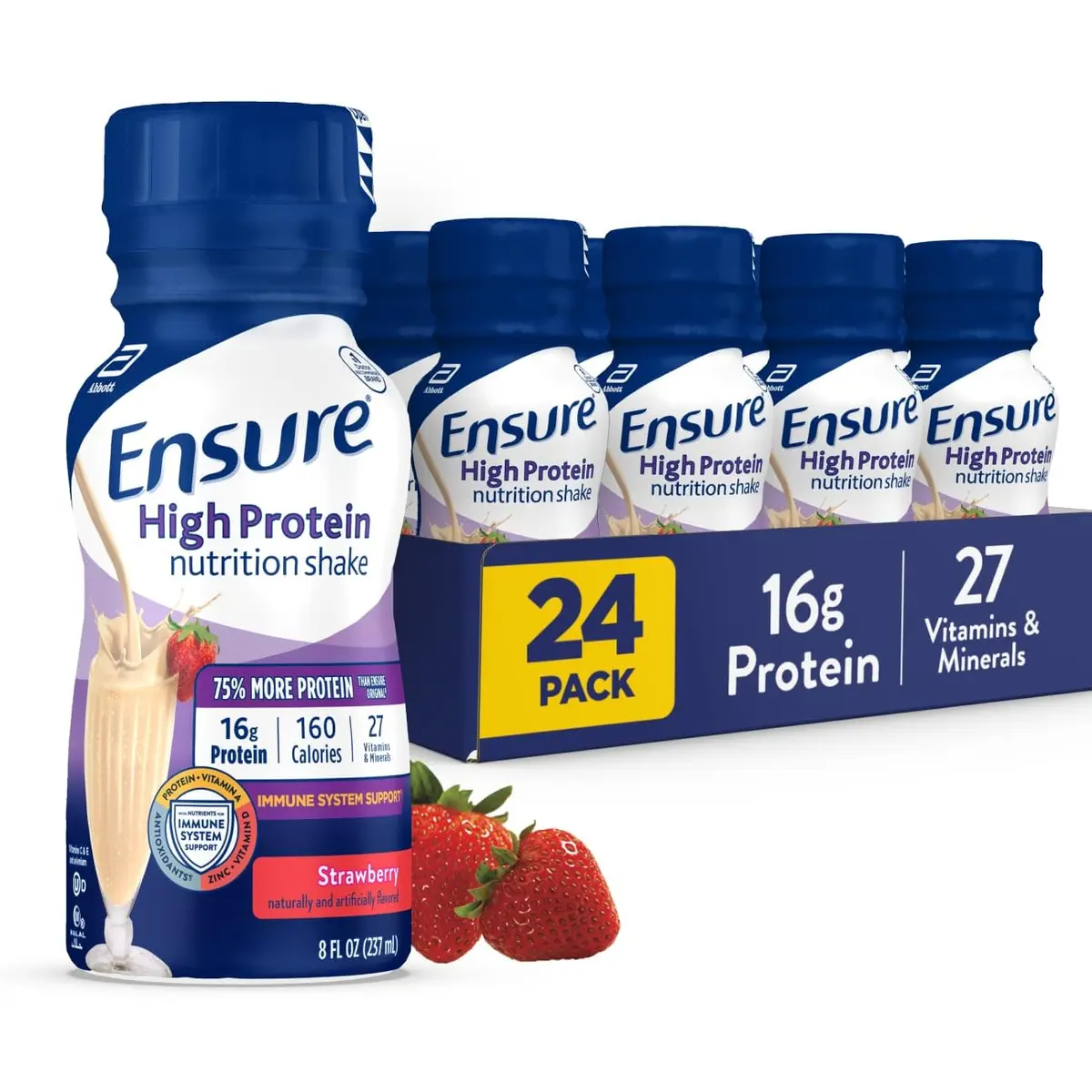 Ensure High Protein Strawberry Nutrition Shake, Ready to Drink, 16g Protein and 27 Vitamins and Minerals, 8 fl oz, 24 Pack - main product image
