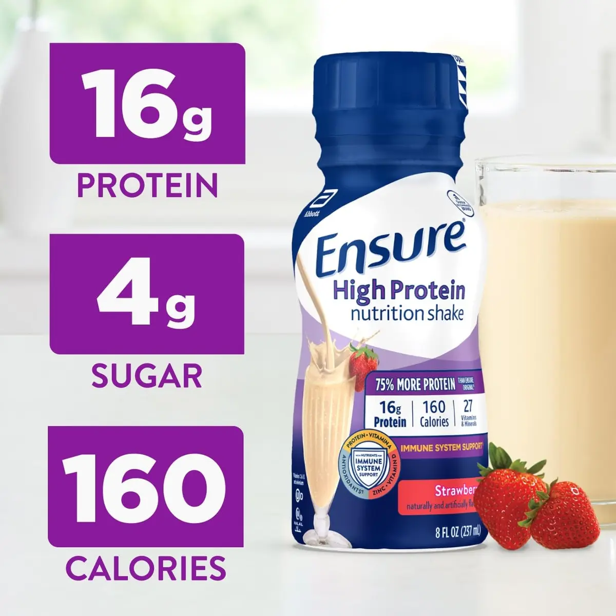 Ensure High Protein Strawberry Nutrition Shake, Ready to Drink, 16g Protein and 27 Vitamins and Minerals, 8 fl oz, 24 Pack - view 3
