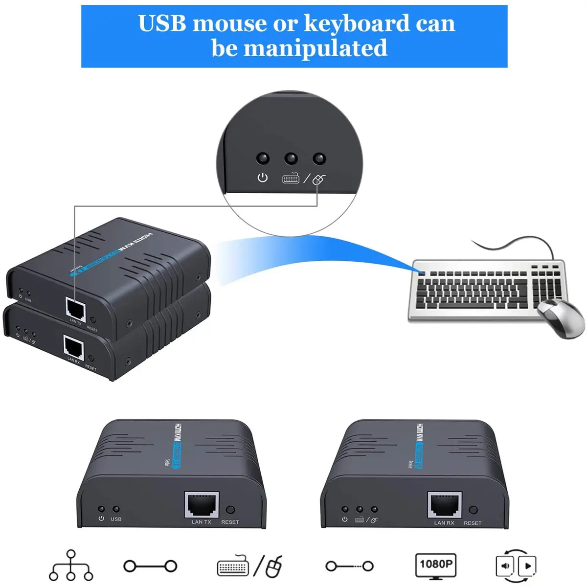 AGPTEK HDMI USB KVM Extender Up to 120m | Supports 1080p & USB Keyboard Mouse - view 5