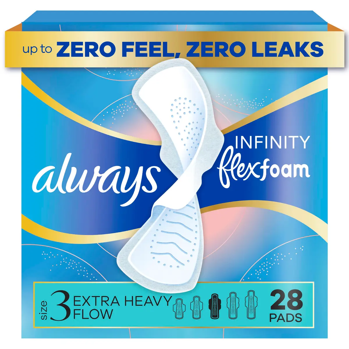 Always Infinity FlexFoam Feminine Pads Size 3 Extra Heavy Flow with Wings, 28 Count (7.7 oz) | Dermatologist Tested & Skin Friendly - main product image