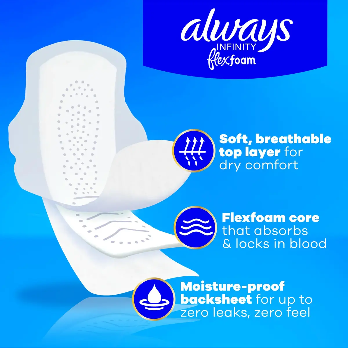 Always Infinity FlexFoam Feminine Pads Size 3 Extra Heavy Flow with Wings, 28 Count (7.7 oz) | Dermatologist Tested & Skin Friendly - view 2