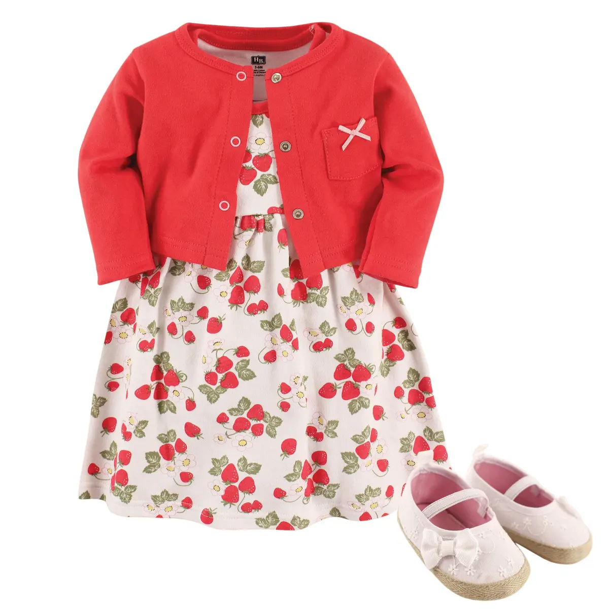 Hudson Baby Strawberry Baby Girl Cotton Dress, Cardigan & Shoe Set | 9-12 Months - main product image