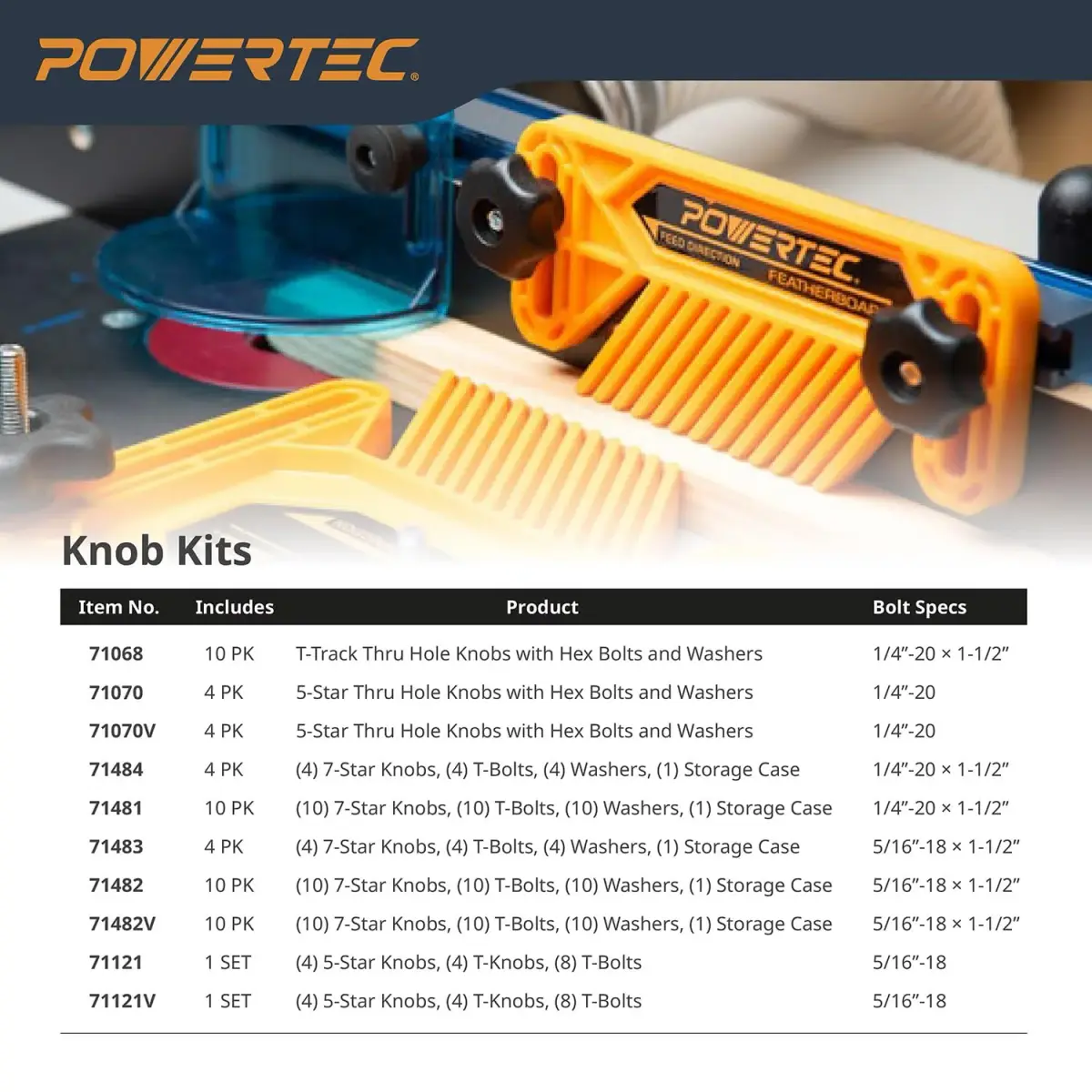 POWERTEC 71068 T Track Knob Kit with 1/4-20 x 1-1/2" Hex Bolts and Washers, Set of 10 | For Woodworking Jigs and Fixtures - view 7