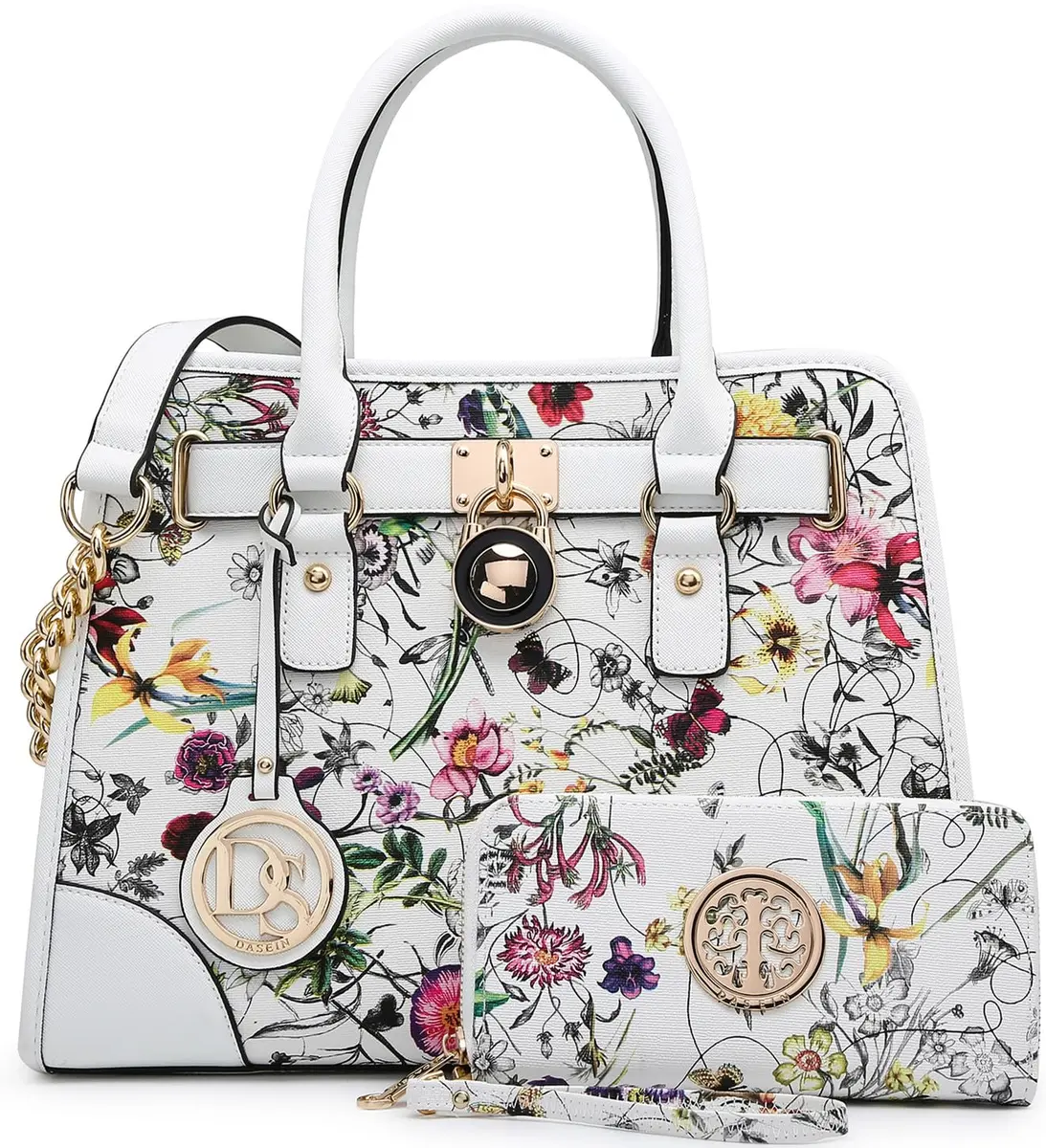 Dasein Women Handbags Top Handle Satchel Purse Shoulder Bag Hobo Bag Set 2pcs (White Floral) | Vegan Leather, Structured Design, 2pcs Set - main product image