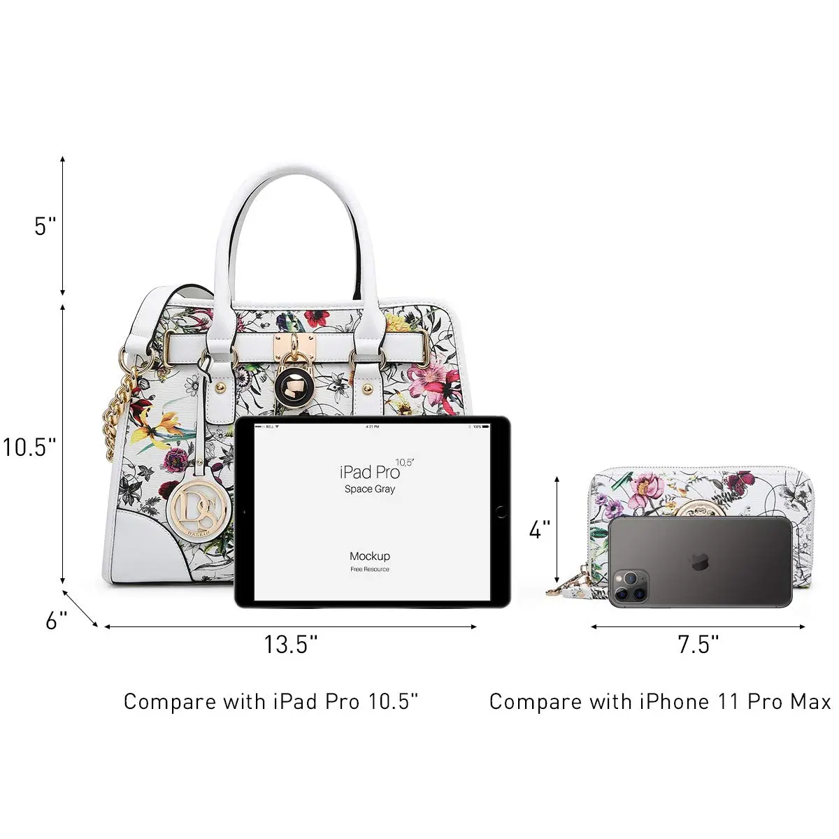 Dasein Women Handbags Top Handle Satchel Purse Shoulder Bag Hobo Bag Set 2pcs (White Floral) | Vegan Leather, Structured Design, 2pcs Set - view 5