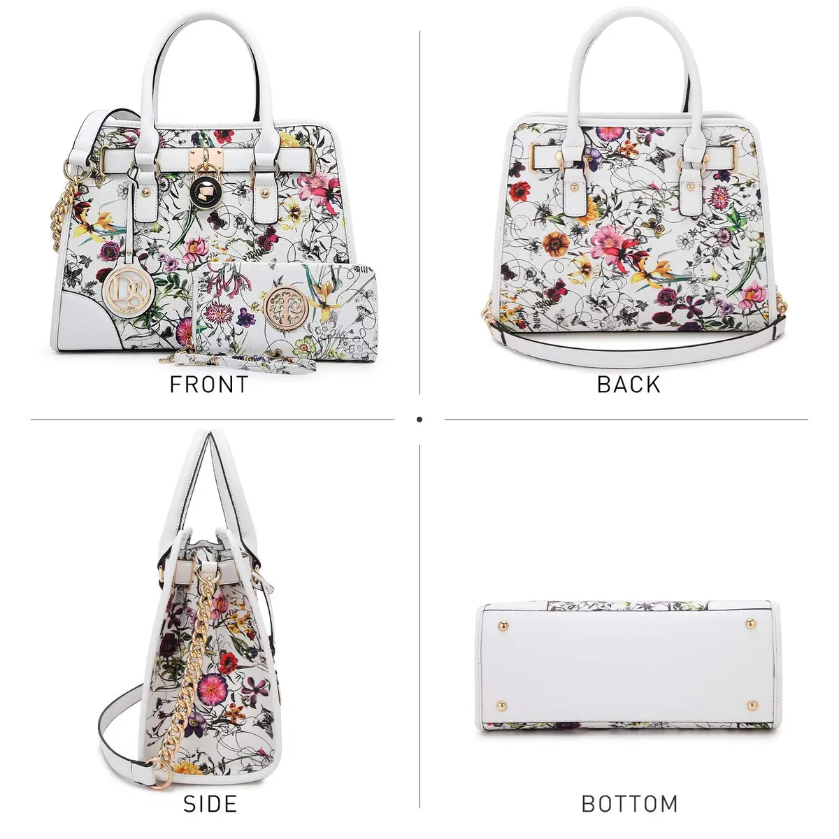 Dasein Women Handbags Top Handle Satchel Purse Shoulder Bag Hobo Bag Set 2pcs (White Floral) | Vegan Leather, Structured Design, 2pcs Set - view 4
