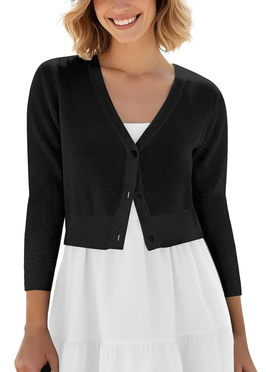 Urban CoCo Women's Cropped Cardigan V-Neck Button Down Knitted Sweater 3/4 Sleeve (M, Black) | Slim Fit, Lightweight, Breathable - main product image