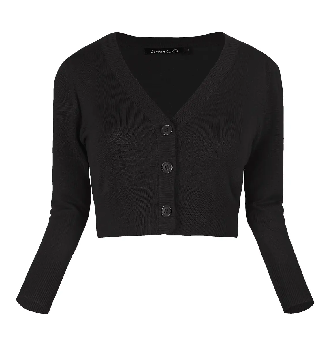 Urban CoCo Women's Cropped Cardigan V-Neck Button Down Knitted Sweater 3/4 Sleeve (M, Black) | Slim Fit, Lightweight, Breathable - view 2