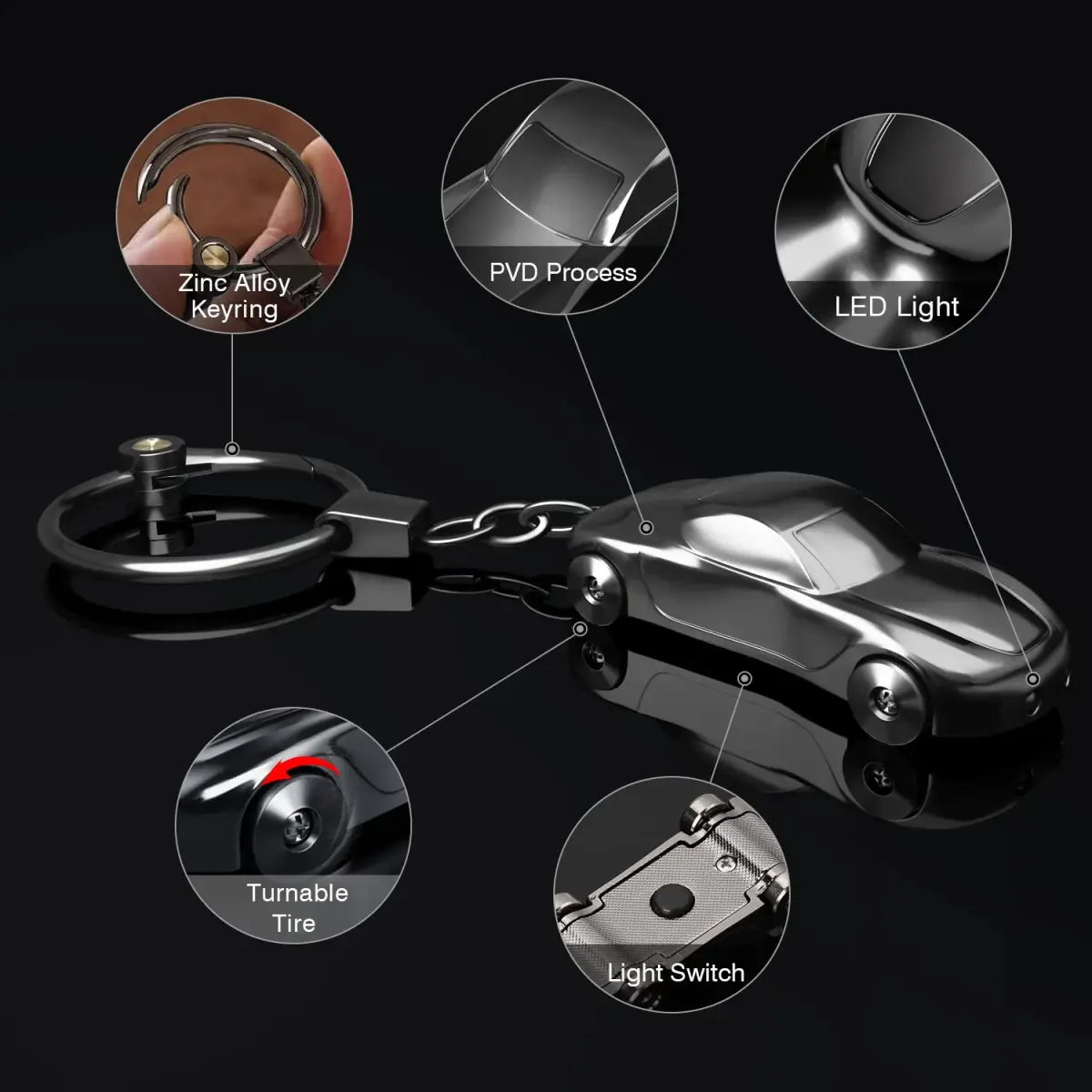 SOMGEM Car Keychain Flashlight with LED Light, Zinc Alloy, Black | Detachable 2-Mode LED Key Ring - view 5