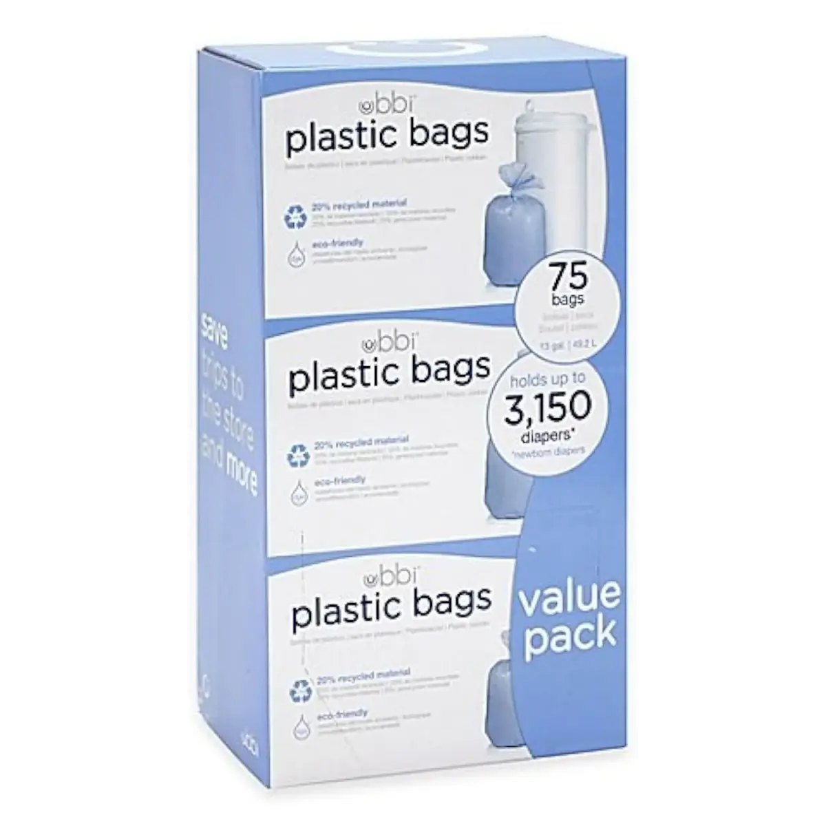 Ubbi Diaper Pail Refill Bags 225 Count (3 Rolls of 75) | Heavy Duty Plastic for Baby Waste - main product image