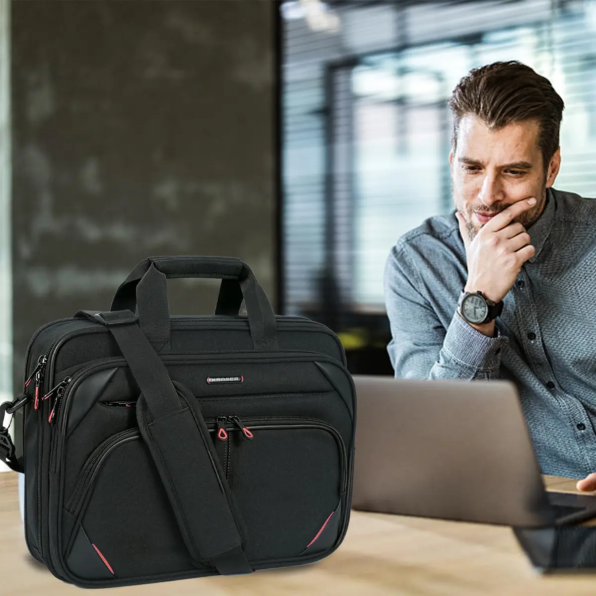 KROSER 15.6 Inch Laptop Briefcase Computer Bag Water-Resistant & Durable | TSA-Friendly, Luggage Strap - view 2