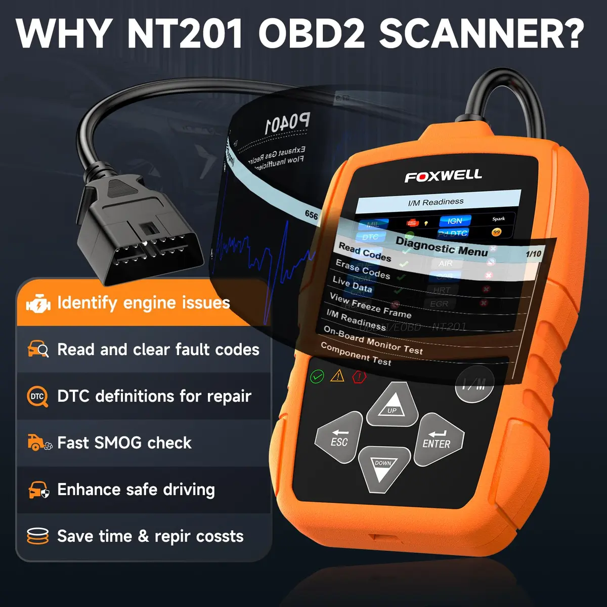 FOXWELL NT201 OBD2 Scanner Engine Code Reader for Cars and Trucks | Reads & Clears Check Engine Light, Live Data, Emissions Readiness - view 2