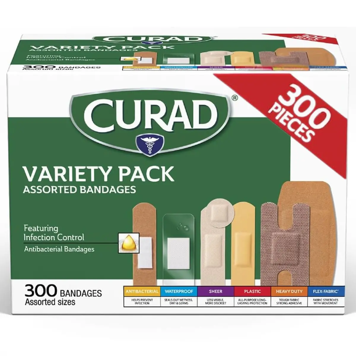 Medline Assorted Bandages Variety Pack 300 Count | Waterproof, Antibacterial & Heavy Duty for Minor Wounds - main product image