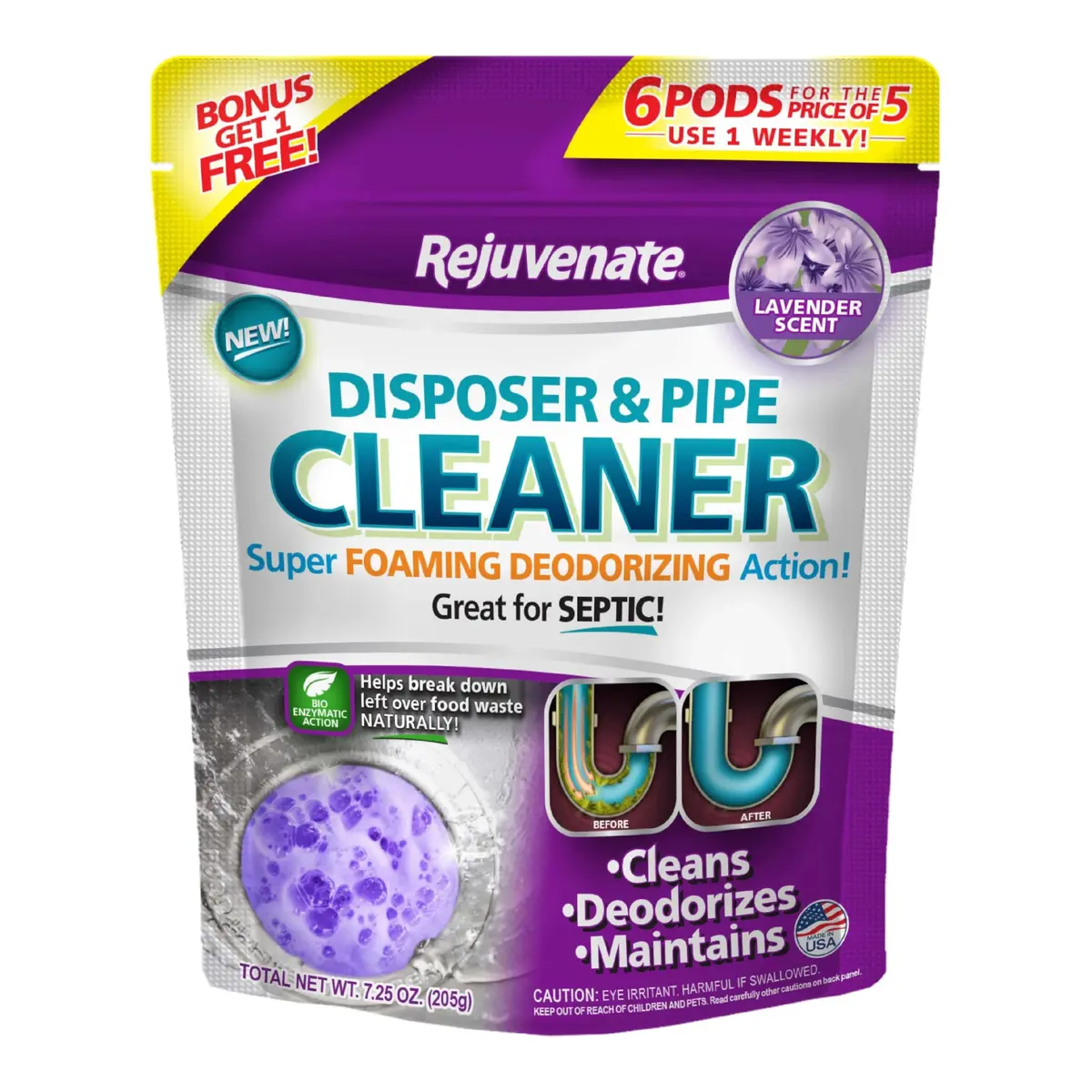 Rejuvenate Disposal Cleaner Pods 6 Count Lavender Scented | Bio-Enzymatic Formula for Pipes & Odor Control - main product image