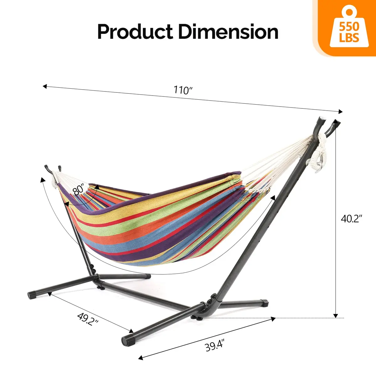 ONCLOUD Heavy Duty Double Hammock with Stand 550 lbs Rainbow Stripe | Portable & Durable - view 5