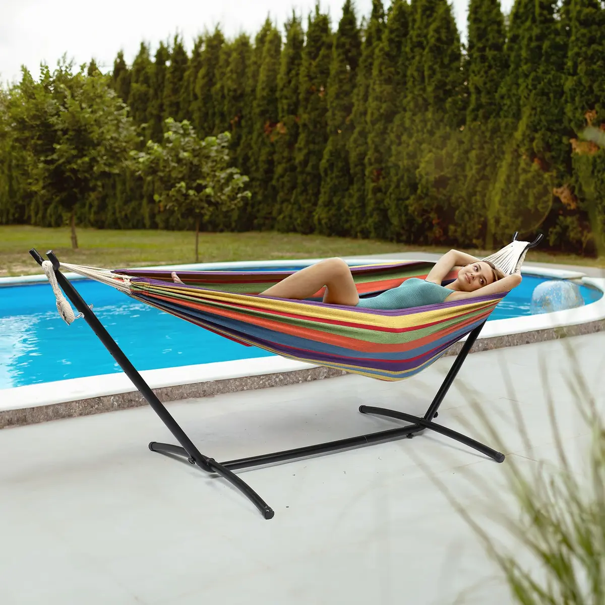 ONCLOUD Heavy Duty Double Hammock with Stand 550 lbs Rainbow Stripe | Portable & Durable - view 6