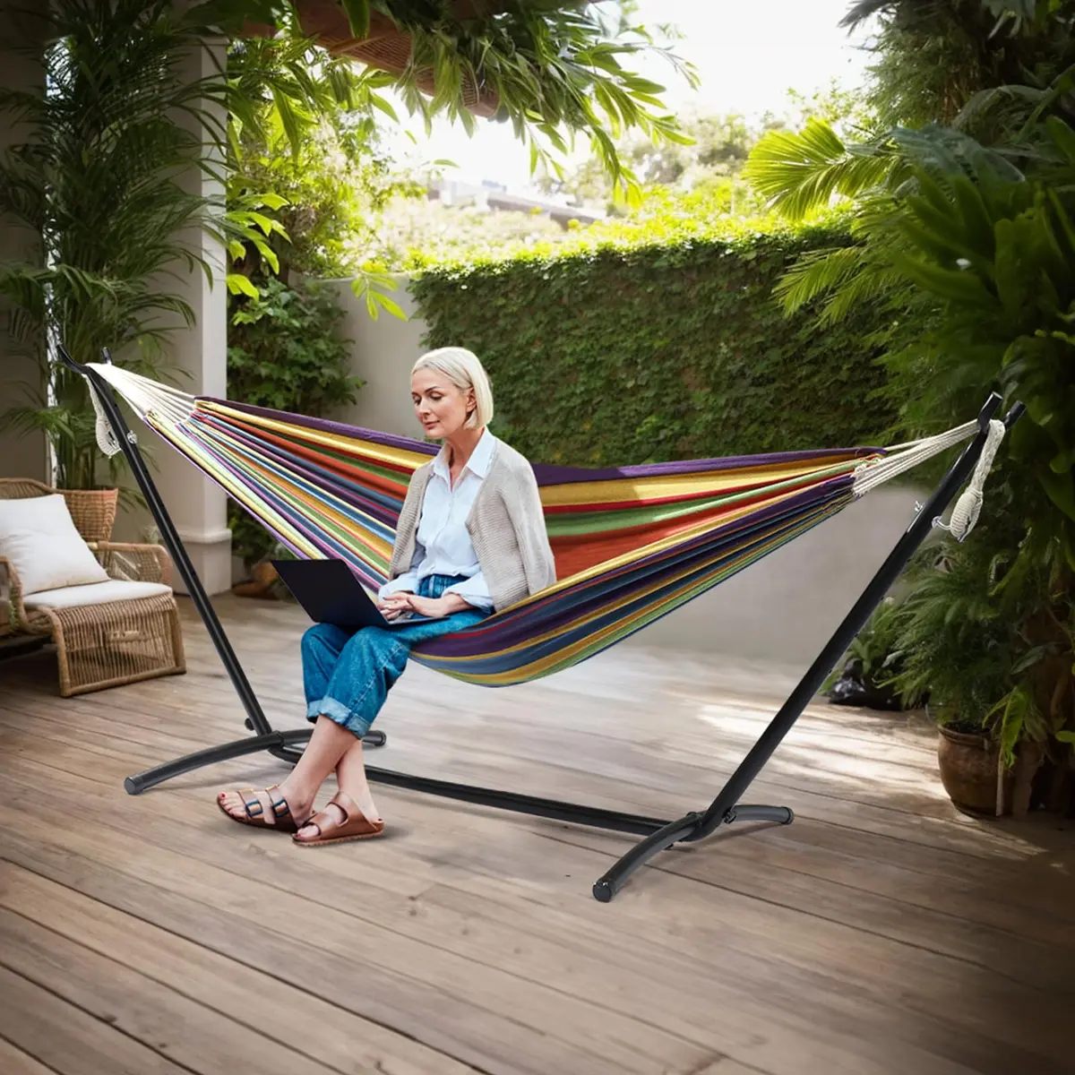 ONCLOUD Heavy Duty Double Hammock with Stand 550 lbs Rainbow Stripe | Portable & Durable - view 7