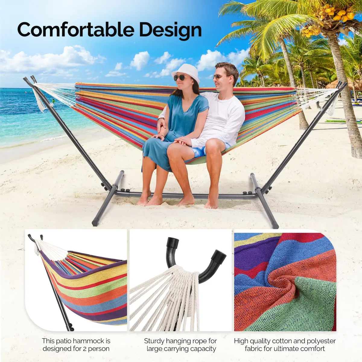 ONCLOUD Heavy Duty Double Hammock with Stand 550 lbs Rainbow Stripe | Portable & Durable - view 2