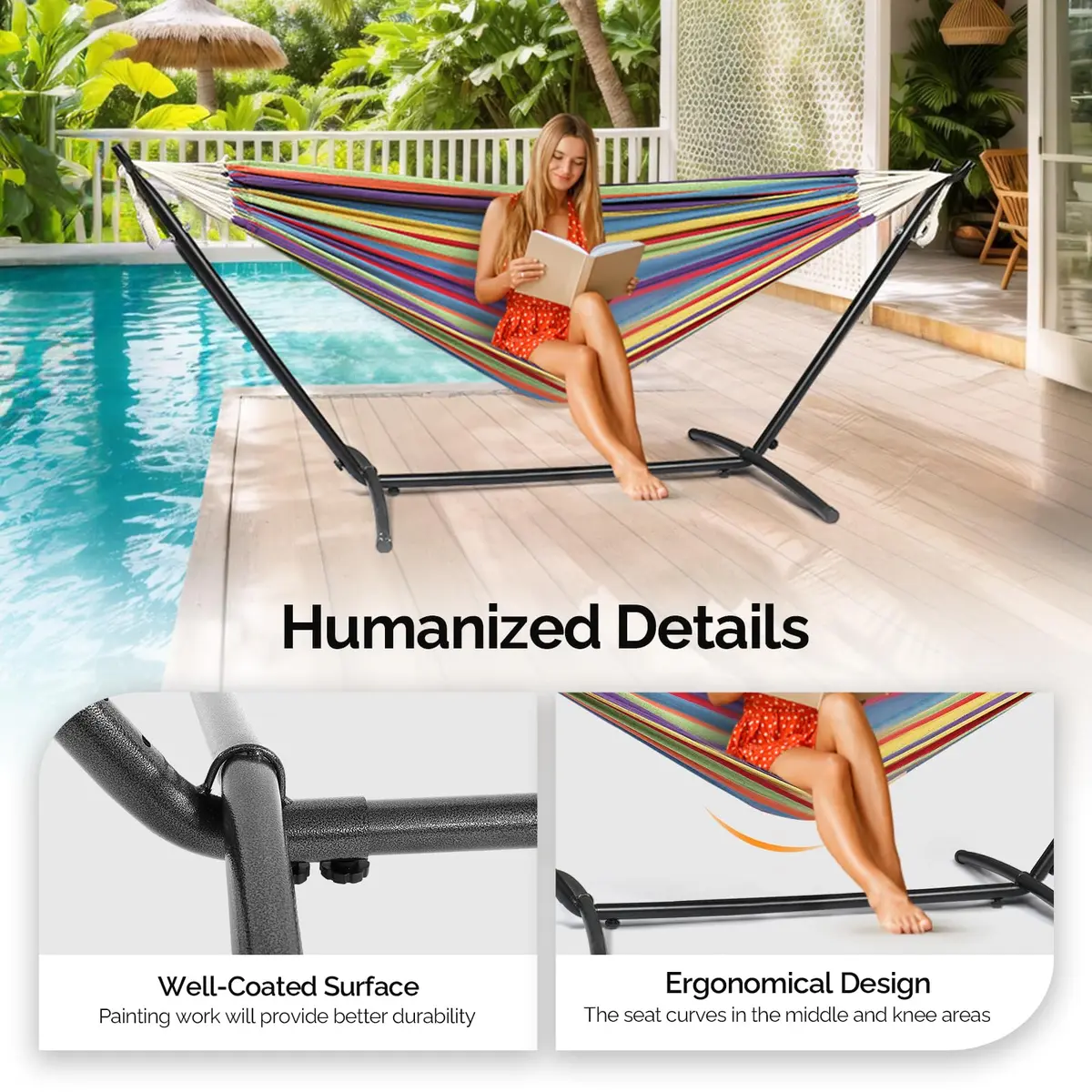 ONCLOUD Heavy Duty Double Hammock with Stand 550 lbs Rainbow Stripe | Portable & Durable - view 3