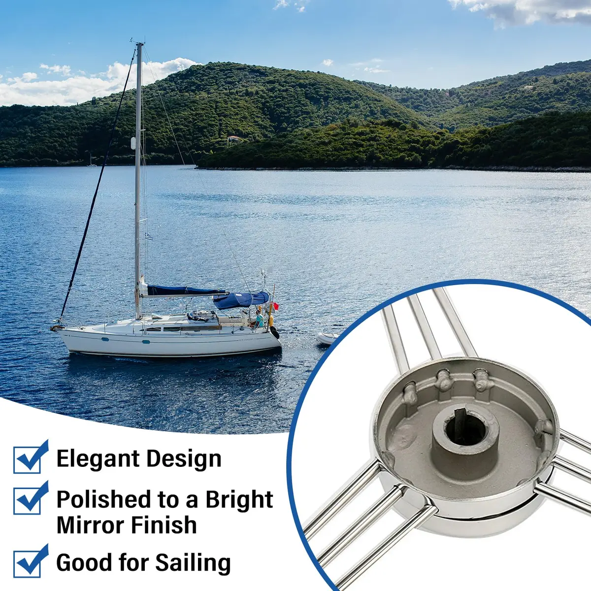 Amarine Made 13.5 Inch 9 Spoke Stainless Boat Steering Wheel - 10 Degree - 9500S380 | Polished stainless steel, universal fit - view 5