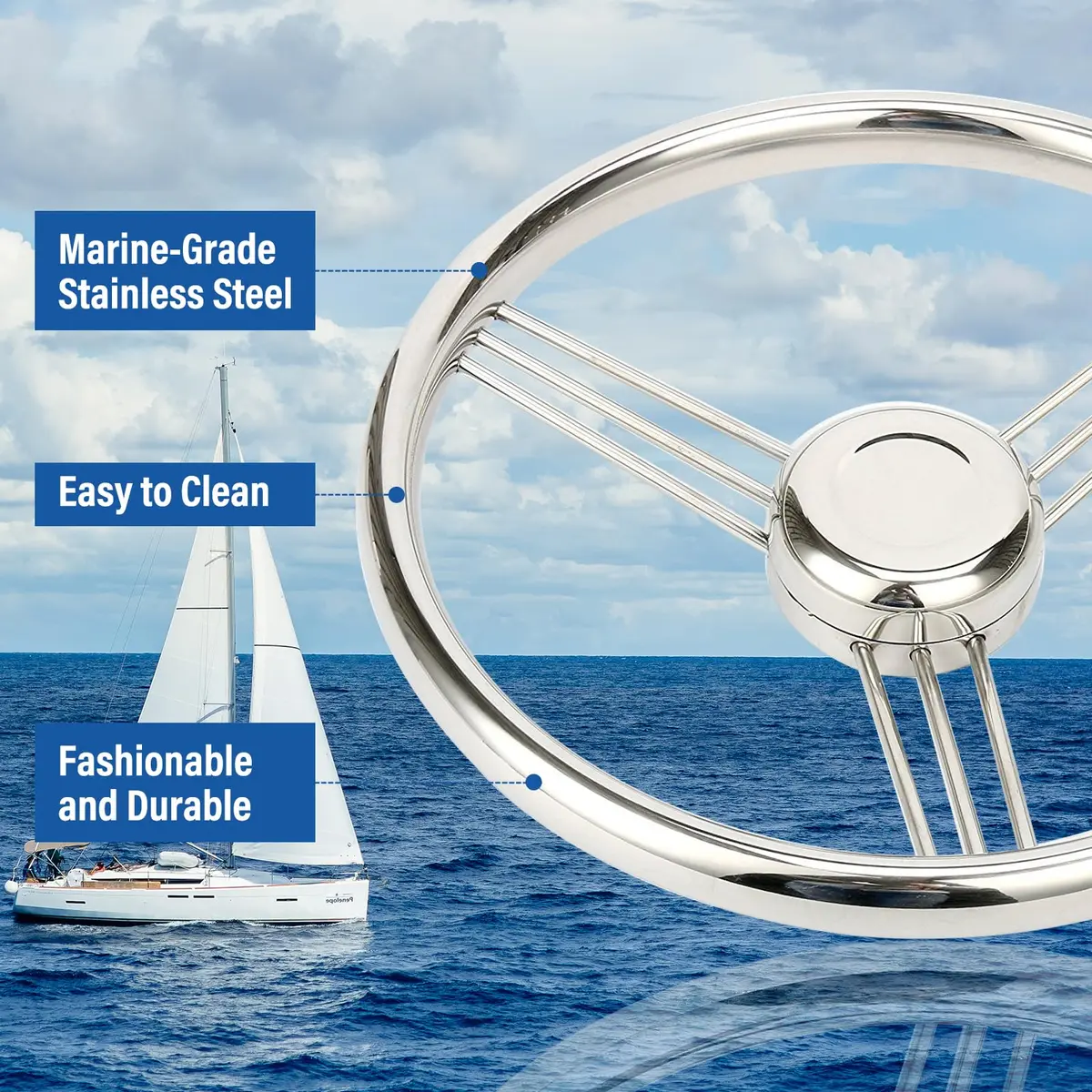 Amarine Made 13.5 Inch 9 Spoke Stainless Boat Steering Wheel - 10 Degree - 9500S380 | Polished stainless steel, universal fit - view 2