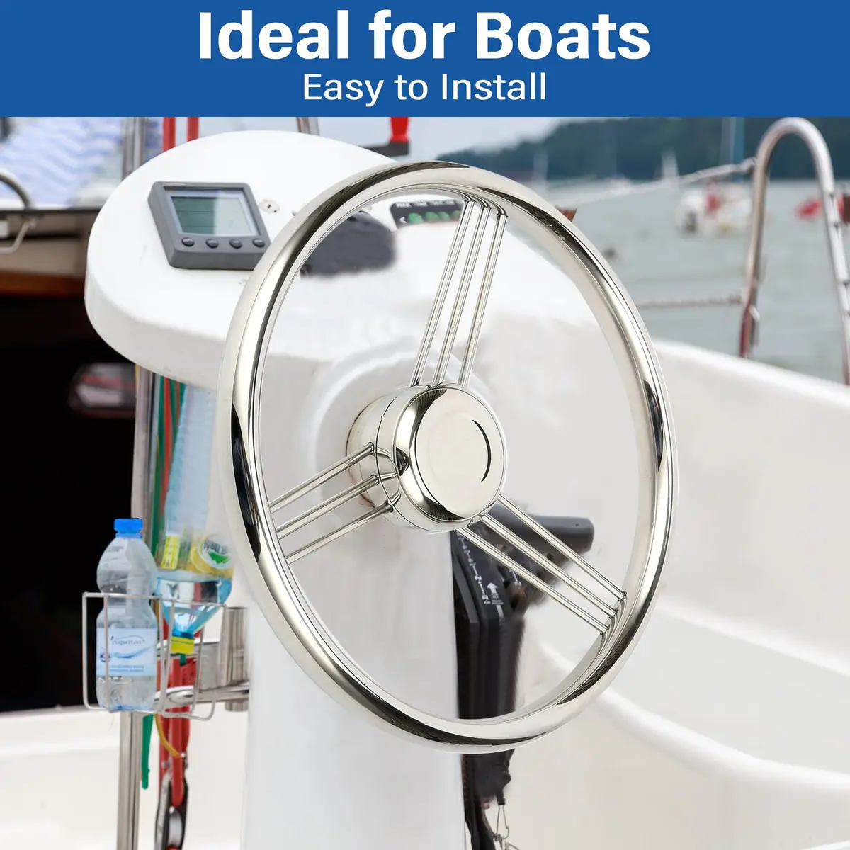 Amarine Made 13.5 Inch 9 Spoke Stainless Boat Steering Wheel - 10 Degree - 9500S380 | Polished stainless steel, universal fit - view 3